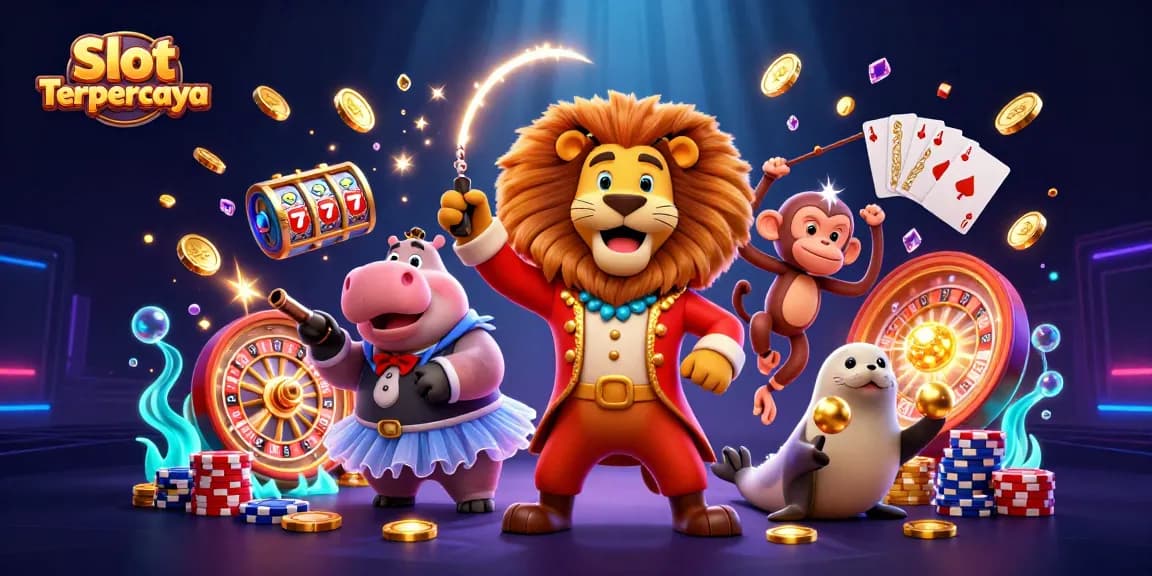Experience the thrilling Slot Terpercaya moment with a vibrant circus of 3D characters engaging in casino fun.