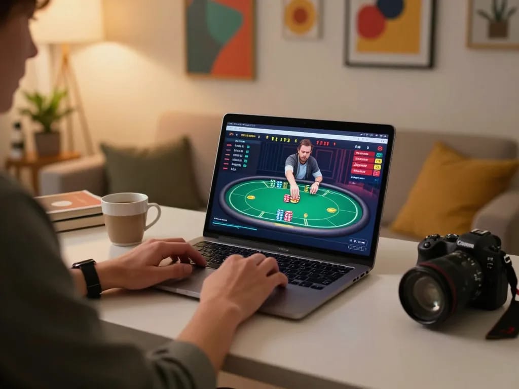 Player engaging with qh88go poker game online, showcasing modern setup and casual atmosphere.