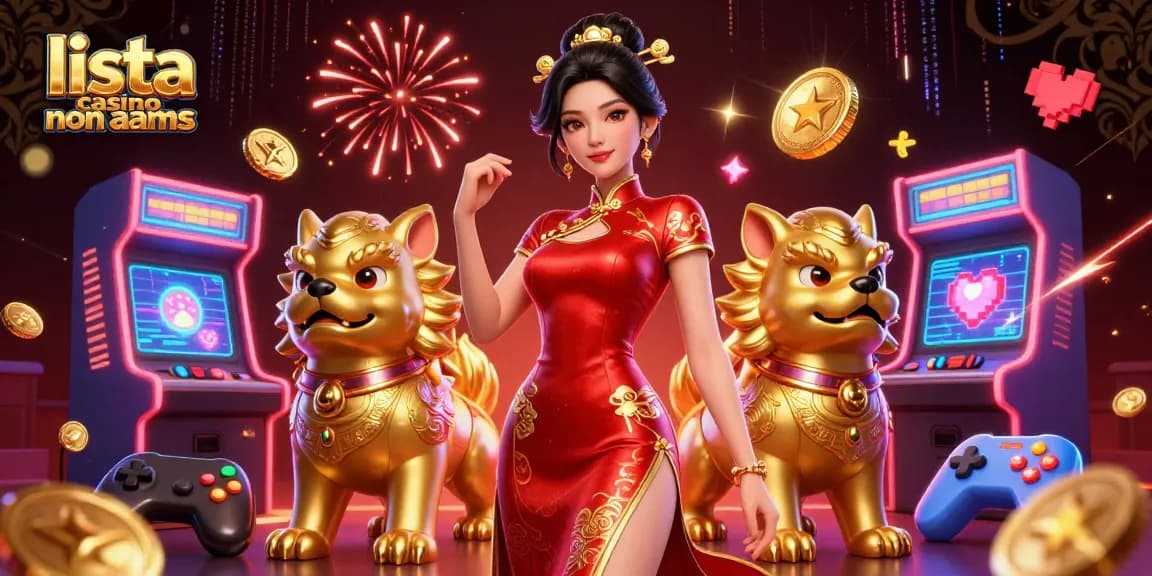 Scopri gli elementi vibranti della lista casino non AAMS con una scena coinvolgente di una donna glamour e cani foo d'oro.