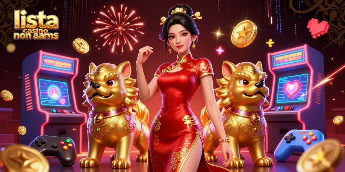Scopri gli elementi vibranti della lista casino non AAMS con una scena coinvolgente di una donna glamour e cani foo d'oro.