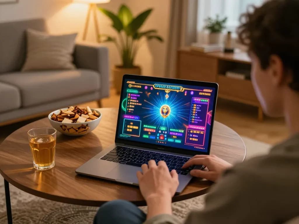Player enjoying online casino games at home on 98win platform, showcasing gaming setup and cozy atmosphere
