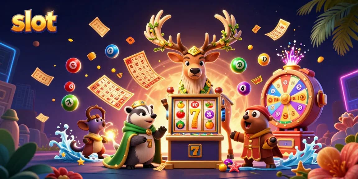 Slot menarik dengan simbol buah dan jackpot dikelilingi makhluk sihir, memadukan suasana permainan daring.