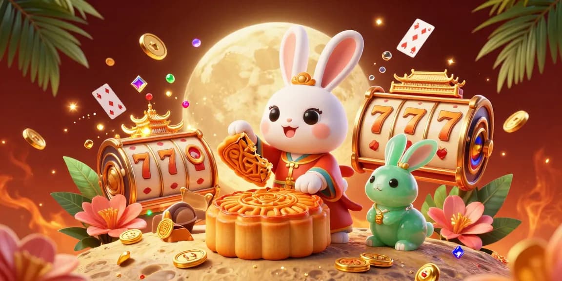 Experience thrilling gaming with iwin club's enchanting moon rabbit illustration, featuring vibrant slot elements.