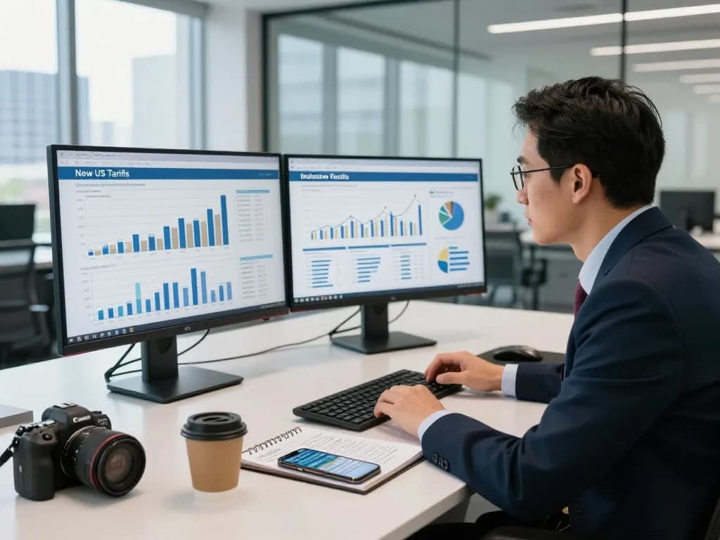Financial analyst reviewing reports on New US Tariffs with dual monitors, notepad, and coffee in a modern office.