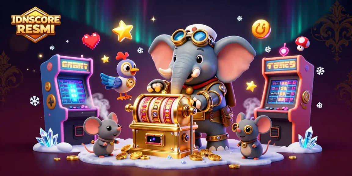 Engage with IDNSCORE RESMI as a steampunk elephant operates a golden slot machine amidst vibrant casino-themed elements.