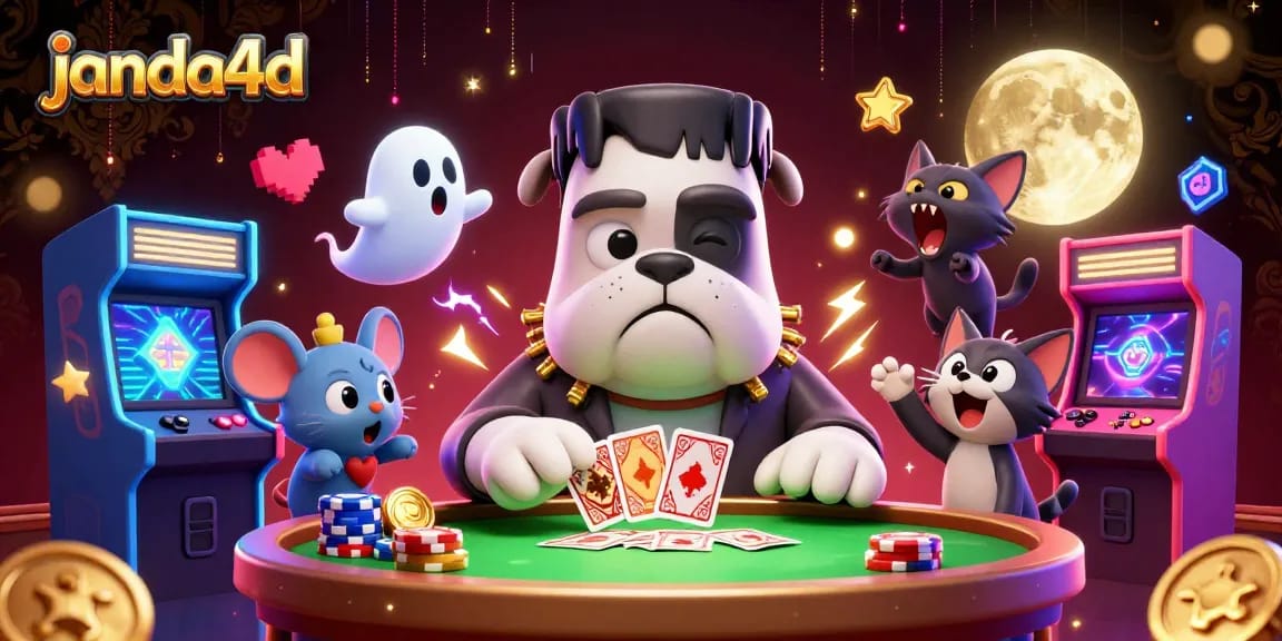 Janda4d menghadirkan bulldog Frankenstein yang sedang membagikan kartu di meja kasino dengan nuansa menyeramkan.