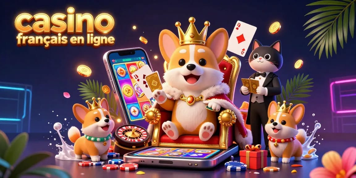 Célébrez les gains au casino français en ligne avec un corgi royal jouant sur une machine à sous virtuelle.