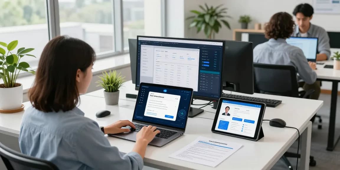Team collaborating on an age verification system project in a modern office.