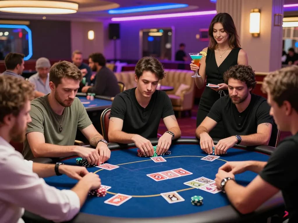 Group of players engaged in an exciting poker game with vibrant casino atmosphere