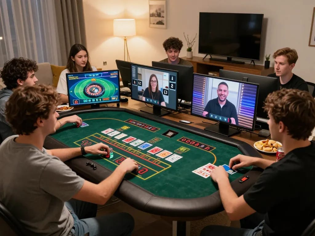 Friends engaging in a live dealer game while playing on 68gamebaivn, showcasing a lively online gambling session
