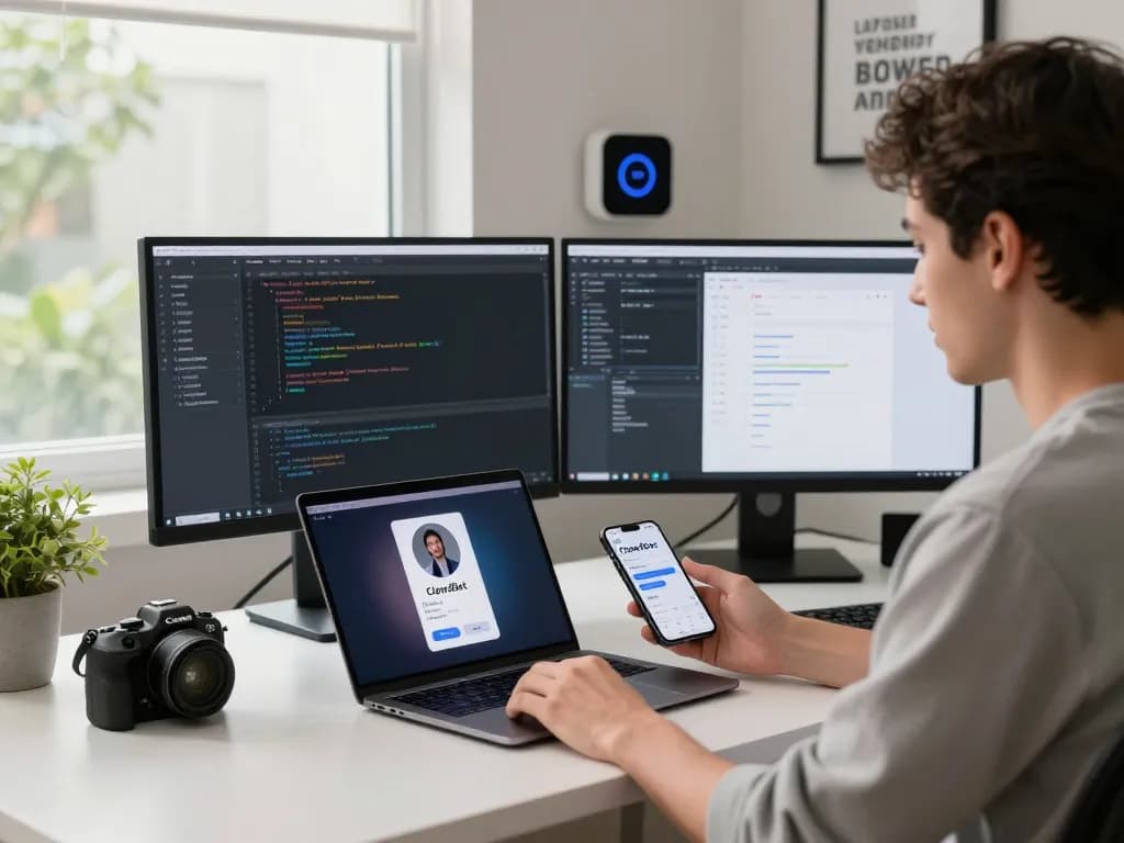 Dynamic workspace showcasing ClawdBot AI assistant interface on laptop and smartphone, enhancing productivity.