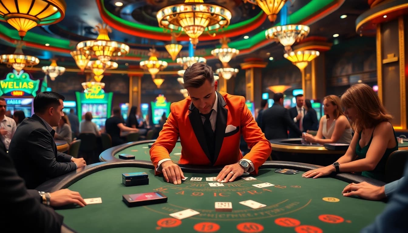 See the Vegas hero dealer expertly managing a lively blackjack table in a bustling casino.