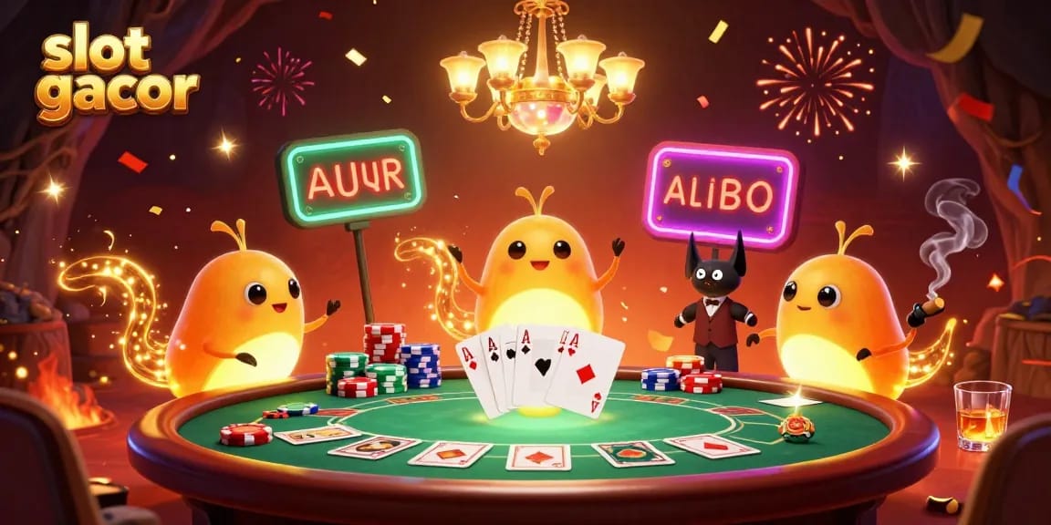 Experience the thrill of slot gacor games with a vibrant casino scene featuring glowing characters and poker elements.