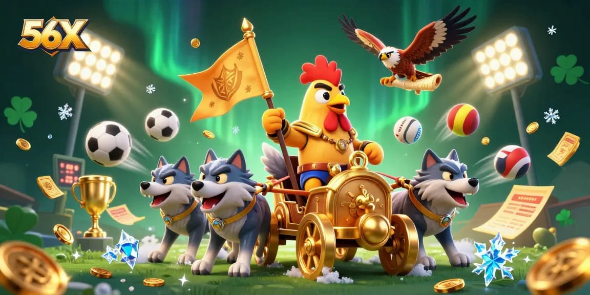 56X ushers in a thrilling betting experience with an illustration of a rooster warlord in action.