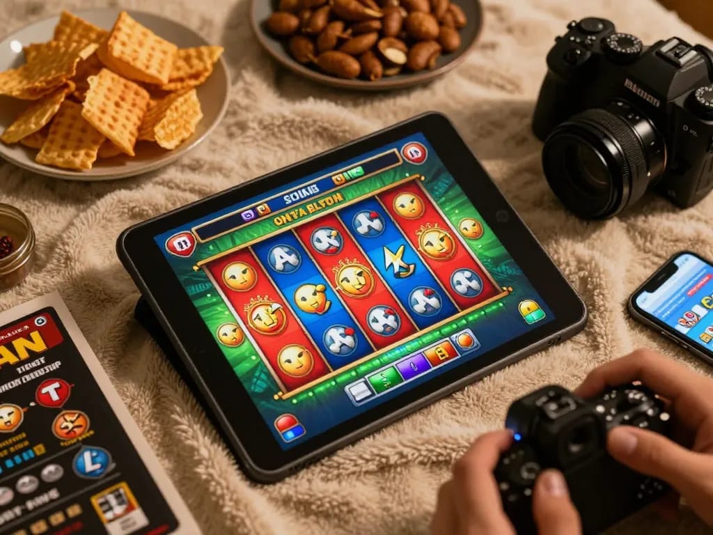 Engaging in sun win slot games online with a tablet, cozy snacks at hand, and warm lighting creating a friendly atmosphere.