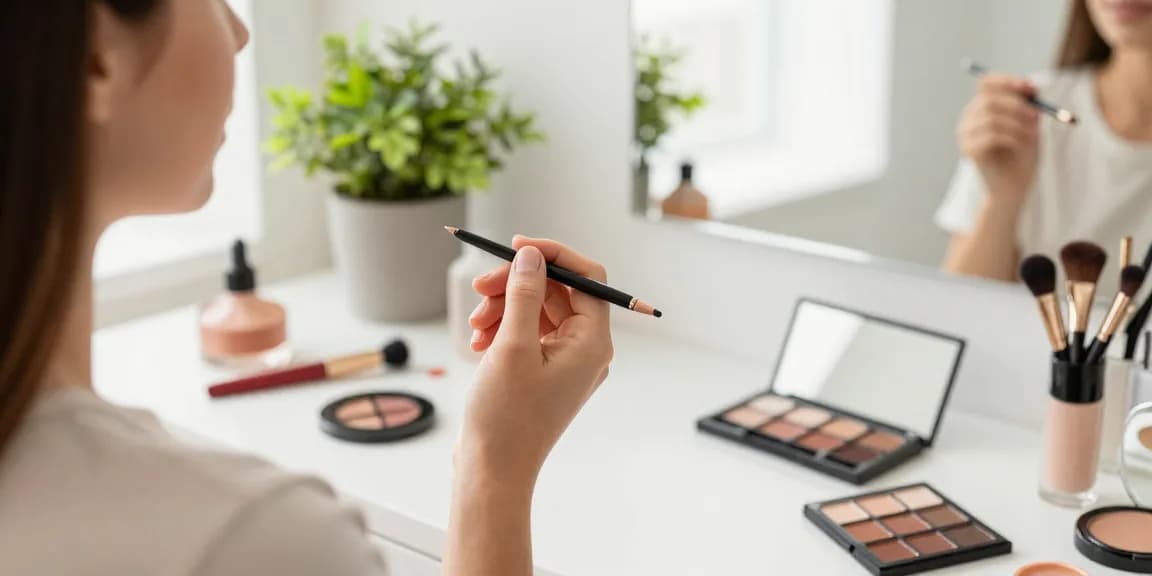 Woman using a cosmetic pencil sharpener for perfect lip liner application in a stylish makeup setup.