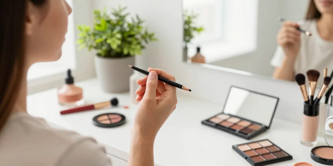 Woman using a cosmetic pencil sharpener for perfect lip liner application in a stylish makeup setup.