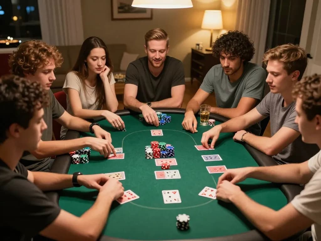 Friends play an exciting poker game at home, showcasing 23win's strategic betting and social interaction.