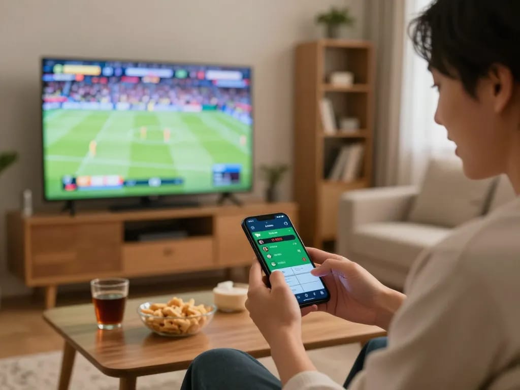 Active sports betting with 789win app displayed on smartphone in a cozy living room