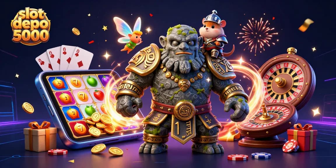 Experience the excitement of slot depo 5000 with a magical scene featuring a golem, fairy, and hamster knight.