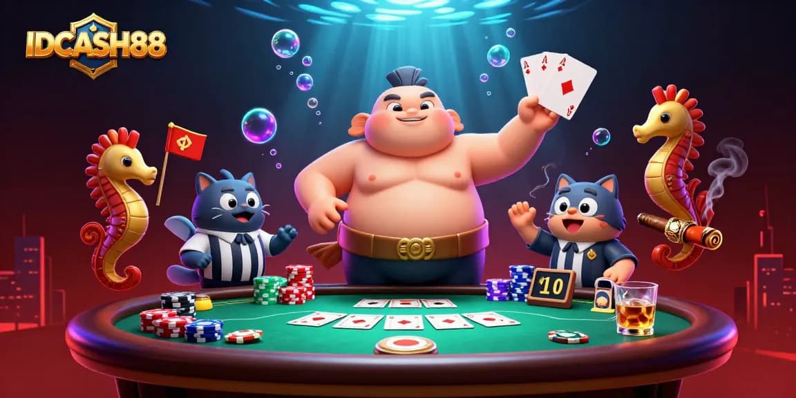 Experience thrilling gameplay at IDCASH88 featuring a lively underwater poker scene with animated characters and casino elements.
