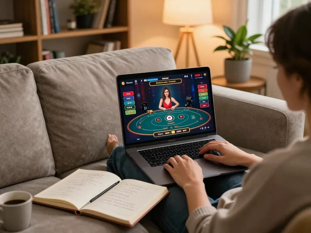 Engaging in online casinos in Canada with laptop, showcasing responsible gaming strategies.