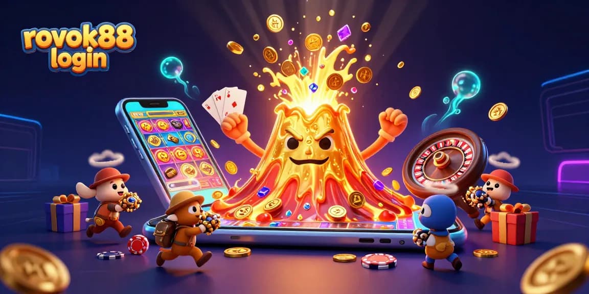 Engage with the thrilling experience of rokok88 login, where a golden volcano erupts treasures in a vibrant casino scene!