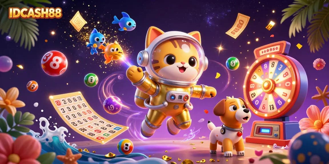 Engage with IDCASH88 by spinning vibrant lottery-themed elements around characters in a thrilling digital gaming scene.