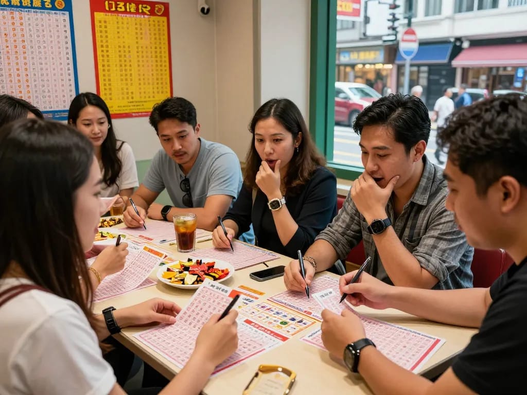 Group of friends excitedly checking HK lottery tickets at a lively table.