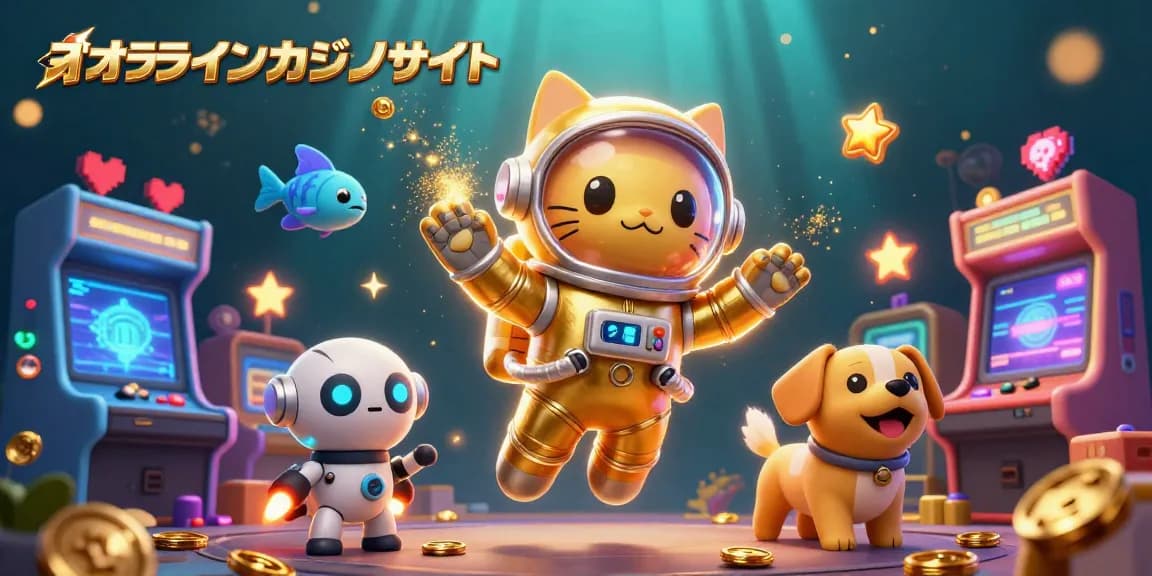 オンラインカジノサイトで楽しむ3D宇宙猫とロボ犬の冒険を描いたイラスト。