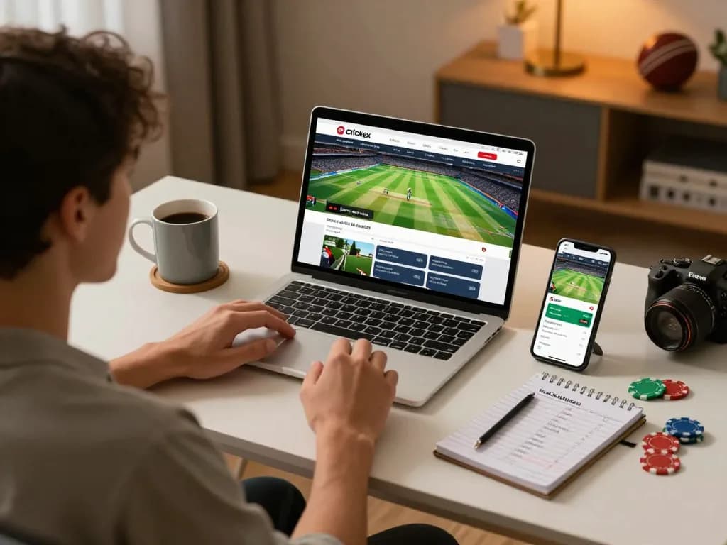 Engaging with the Crickex platform through a laptop and smartphone in a cozy home setup for online betting.