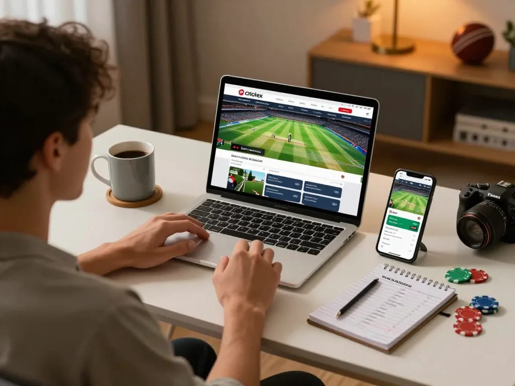 Engaging with the Crickex platform through a laptop and smartphone in a cozy home setup for online betting.