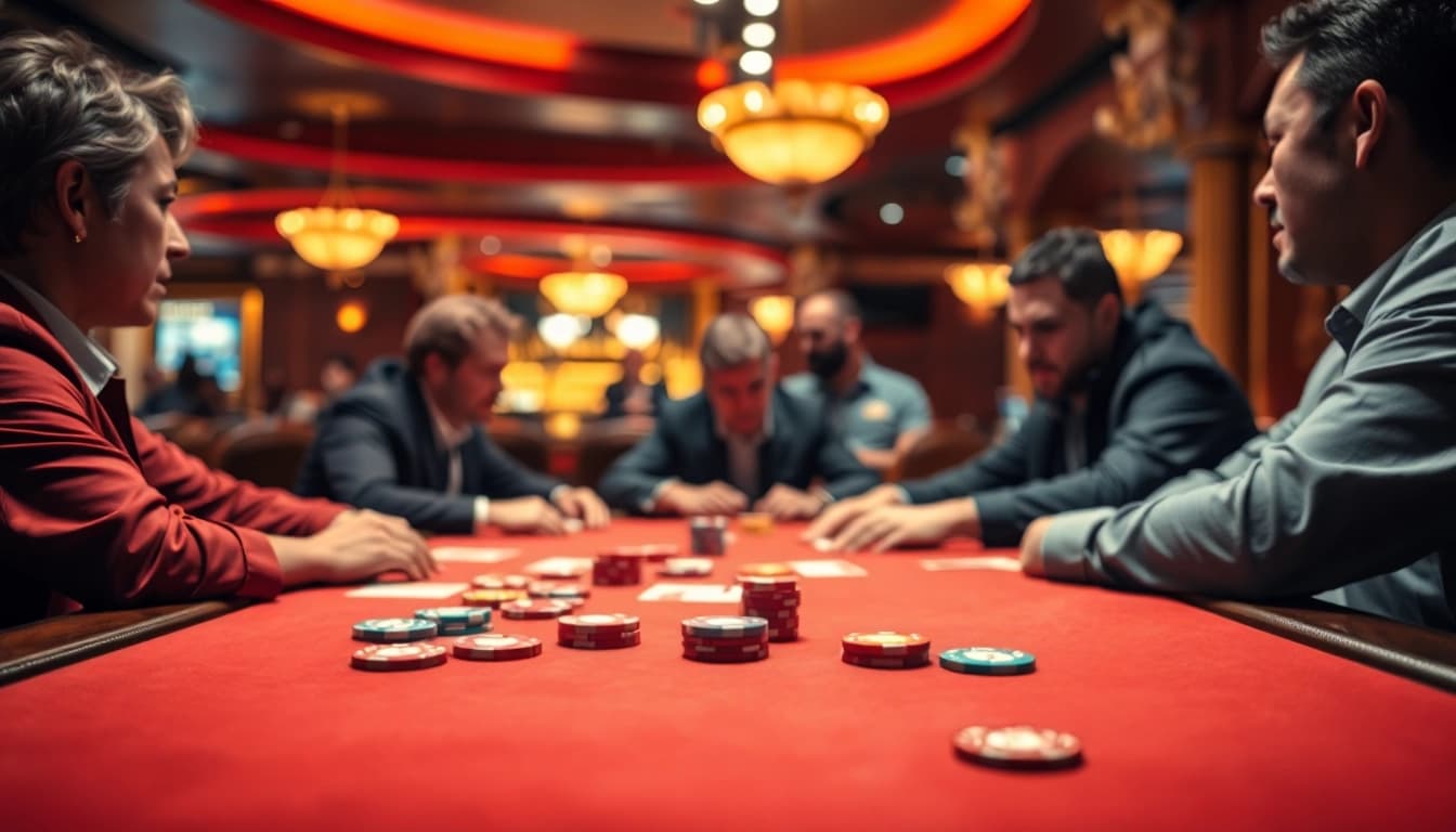 Permainan poker intens dengan pemain di meja, bbni4d menambah keseruan kasino.
