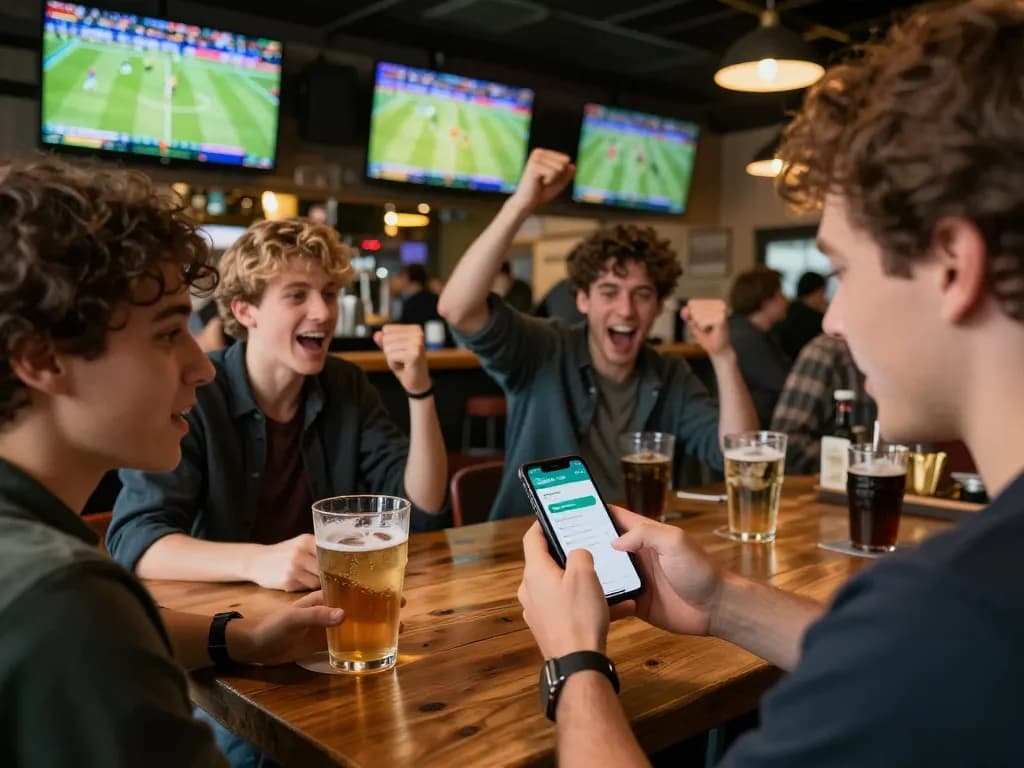 Engaged sports bettor using Jeetbuzz app on smartphone while watching live games at local sports bar.
