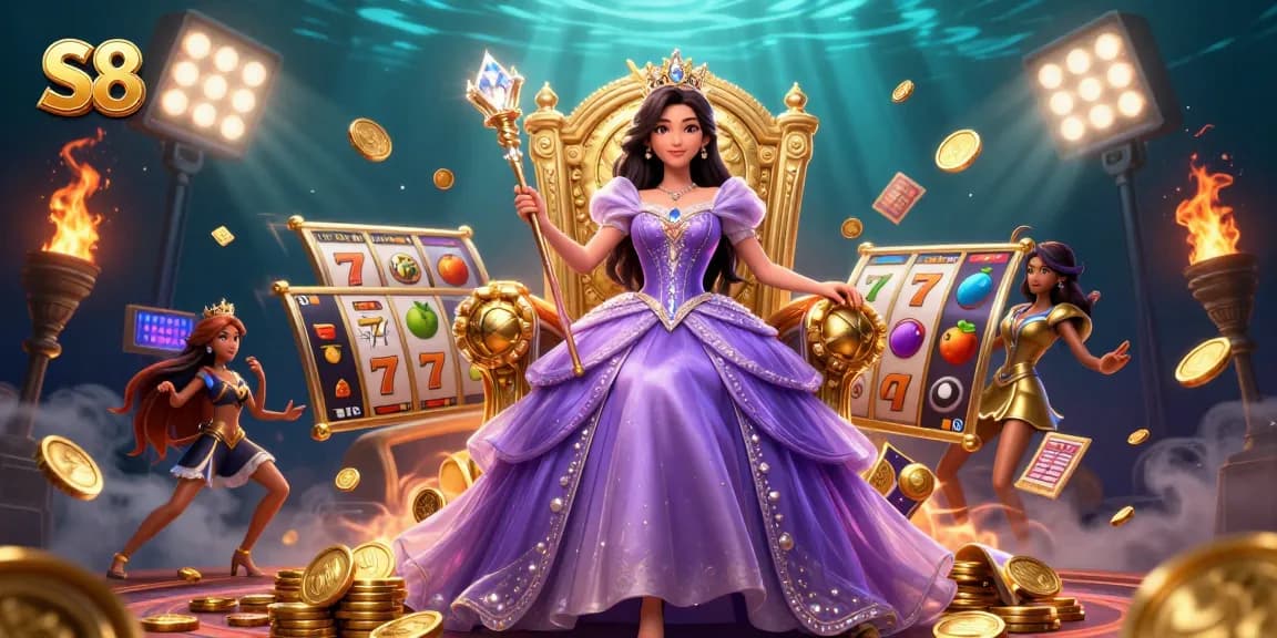 S8 showcases an elegant Asian woman in a royal casino scene featuring slot elements and golden treasures.