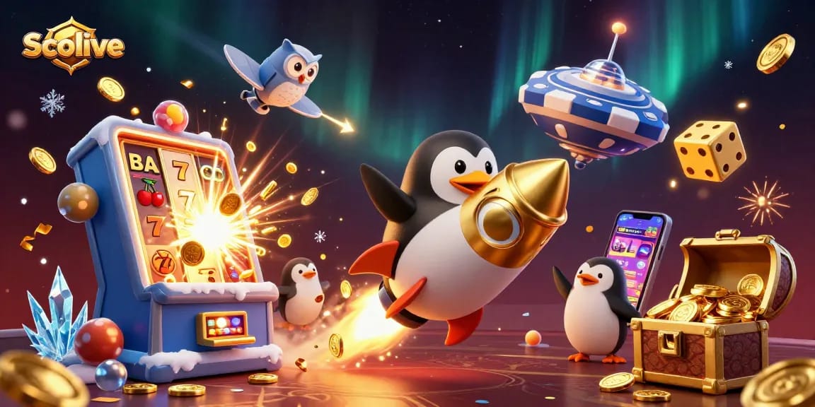 Socolive offers an immersive gambling experience with a vibrant scene featuring a rocket penguin and colorful casino elements in 3D.