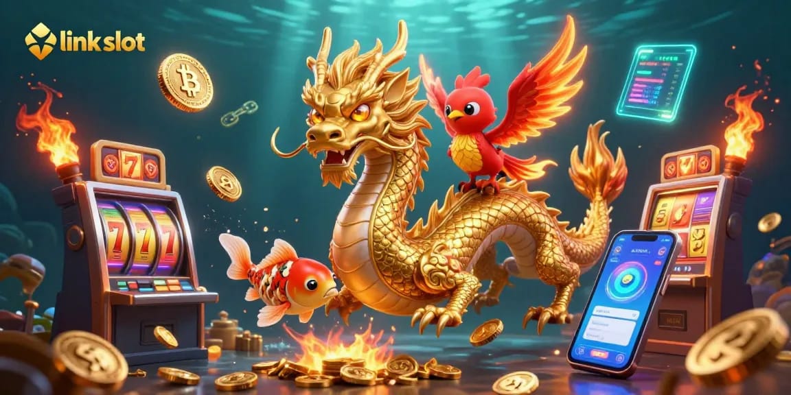 Engage with the exciting link slot experience featuring a shining dragon, phoenix, and koi in a vibrant casino setting.