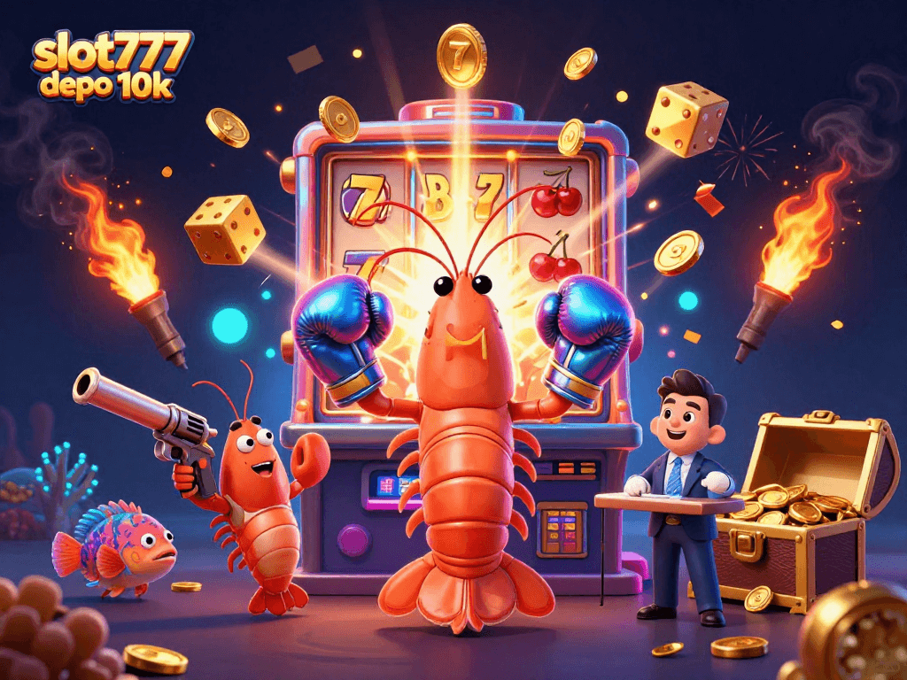 Experience thrilling wins with slot777 depo 10k in this vibrant casino scene featuring playful sea creatures.