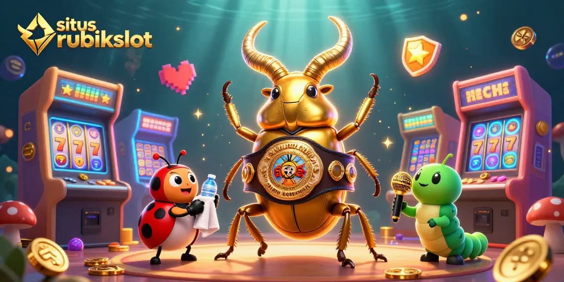 Sites Rubikslot showcases a dynamic gaming scene with animated characters and thrilling casino elements.