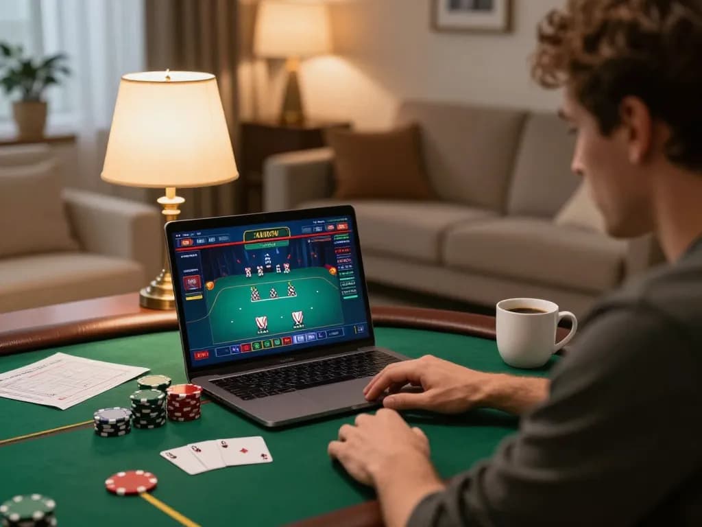 Player engaging with RR88 online poker game interface from a cozy home setup.