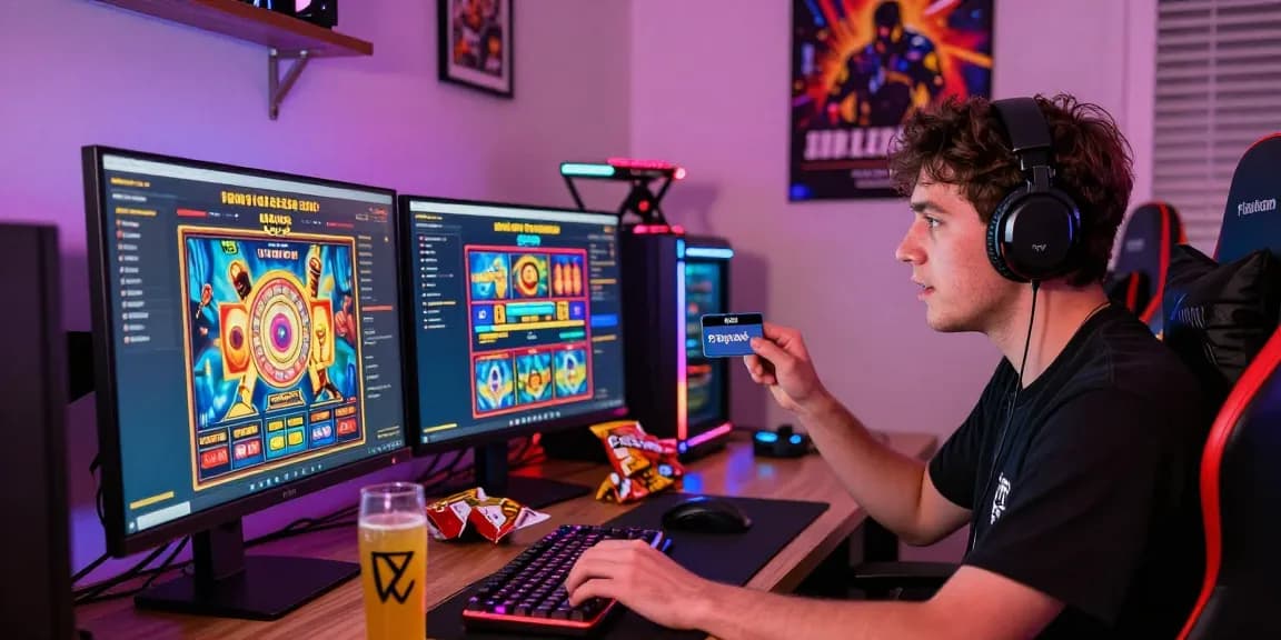 Spieler verwendet Paysafe Card in einer aufregenden Online-Spielumgebung mit bunten LED-Lichtern.