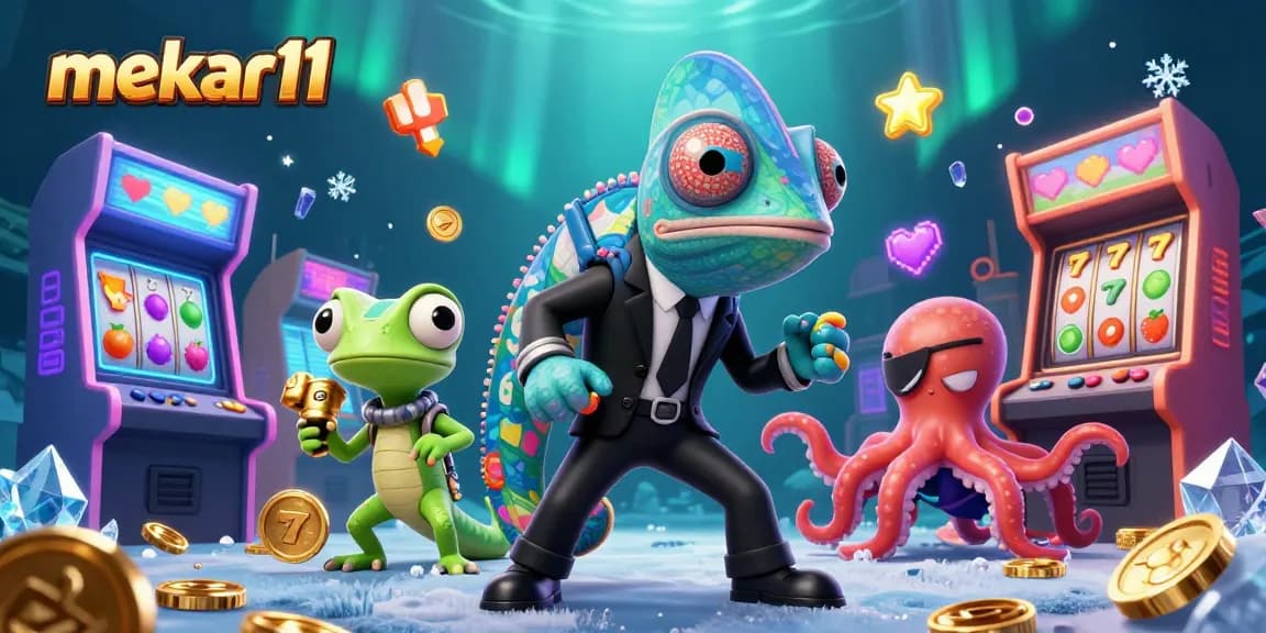 Spin the reels and win with mekar11's vibrant slots illustrated in a fun 3D scene.