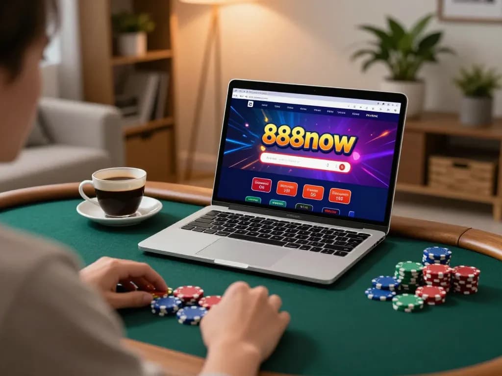 Engage in exciting gaming at 888now with a cozy home setup, laptop showcasing vibrant casino interface