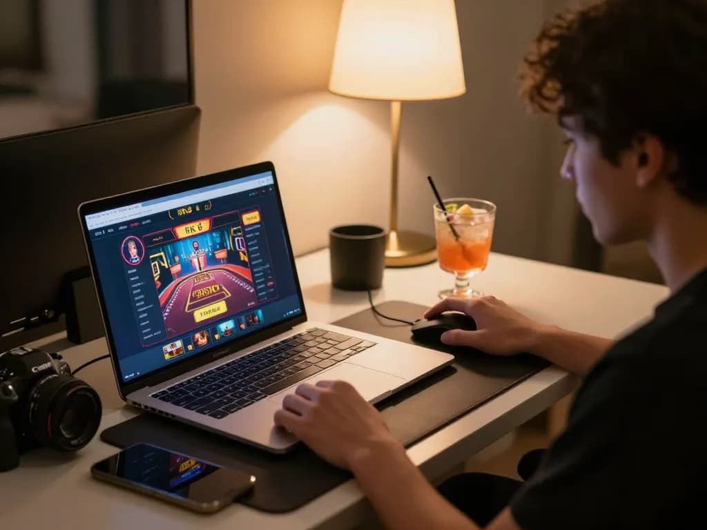 Engaging in strategic online gameplay at BK8, showcasing modern gaming setup and warm atmosphere.