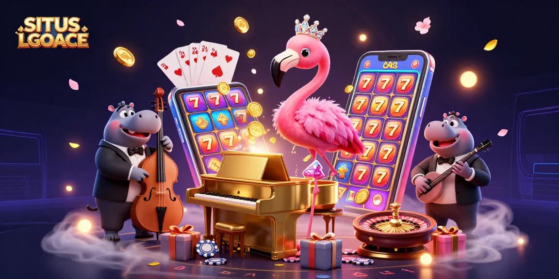 Engage with SITUS LGOACE's vibrant slot games featuring a lively flamingo, hippo bassist, and dynamic casino elements.