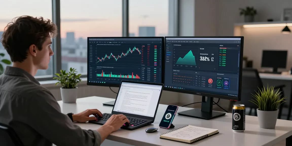 Bitcoin cloud mining data analyzed in a professional cryptocurrency trading setup with advanced tech displays.