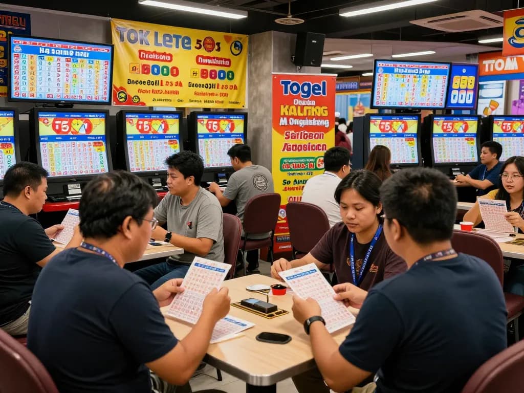 Players celebrating HK Lotto results with digital displays and vibrant atmosphere