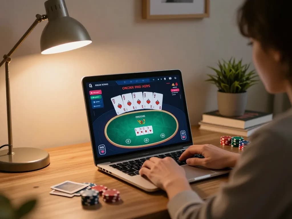Engaging online poker session with u888 gaming interface on laptop in cozy home setup.