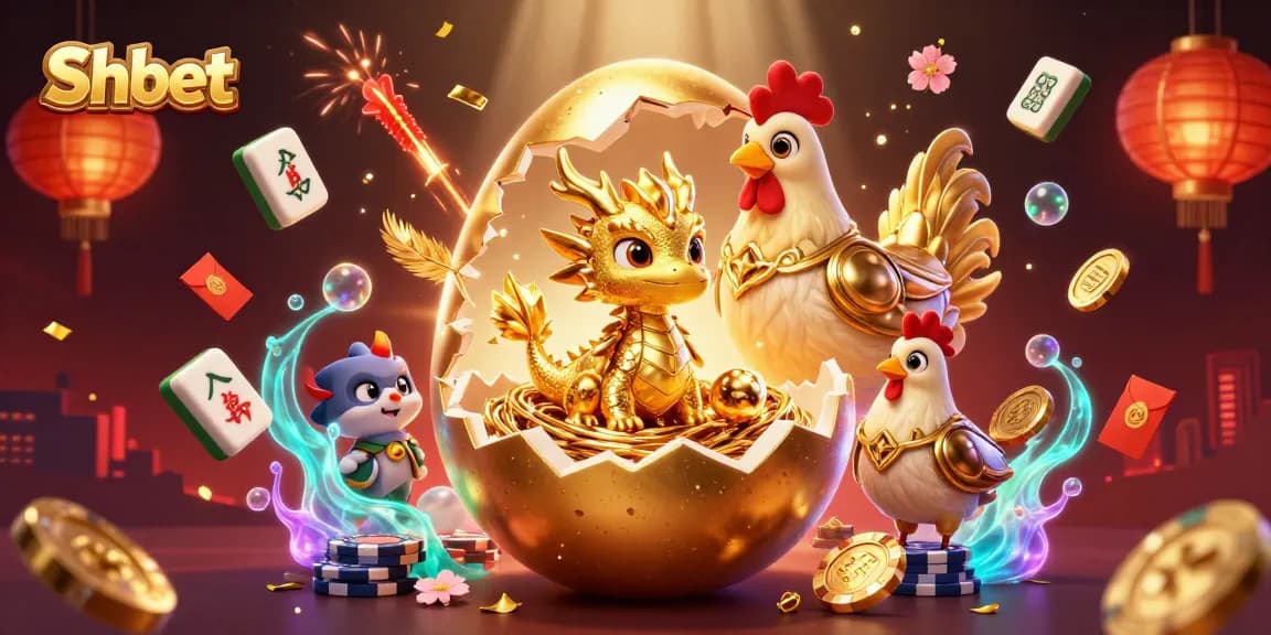 Shbet reveals winning opportunities with a golden egg dragon amidst poker chips and festive elements.