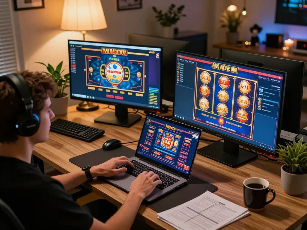 Engaging with iWin casino games on a laptop in a stylish home office setting.